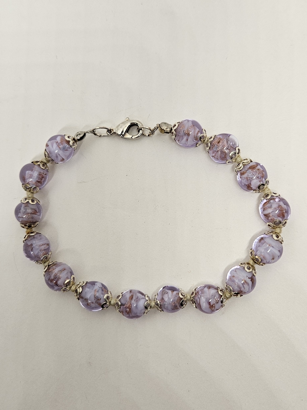 Art Glass Bead Bracelet Lavender Purple Silver Tone 8 In Beaded Beads
